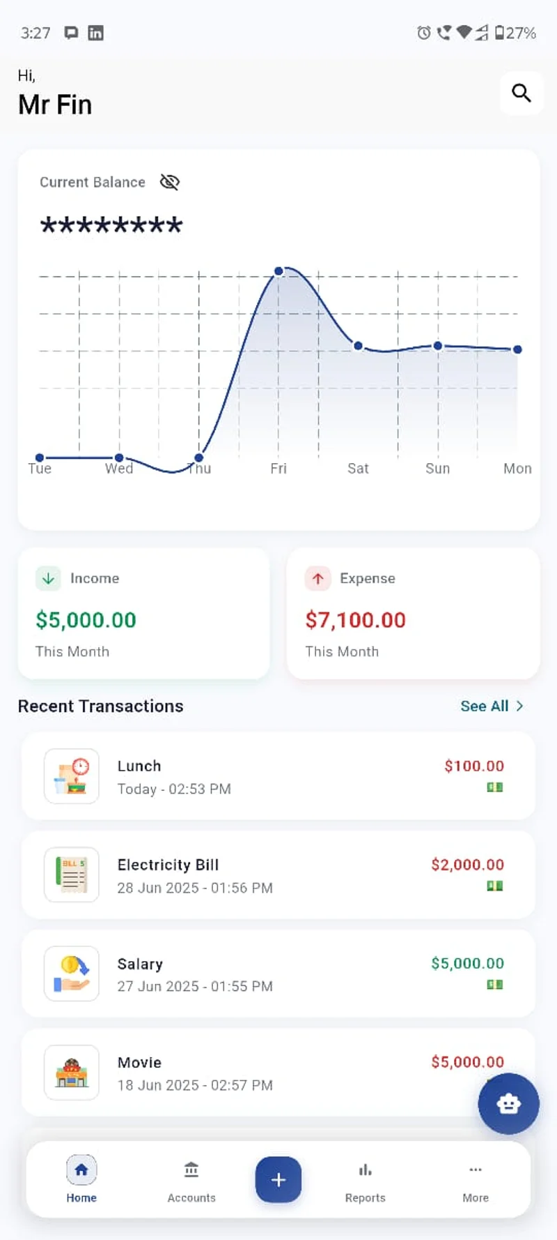 Mr.Fin Dashboard Screenshot showing intelligent personal finance management interface with natural language input, transaction tracking, and AI-powered insights