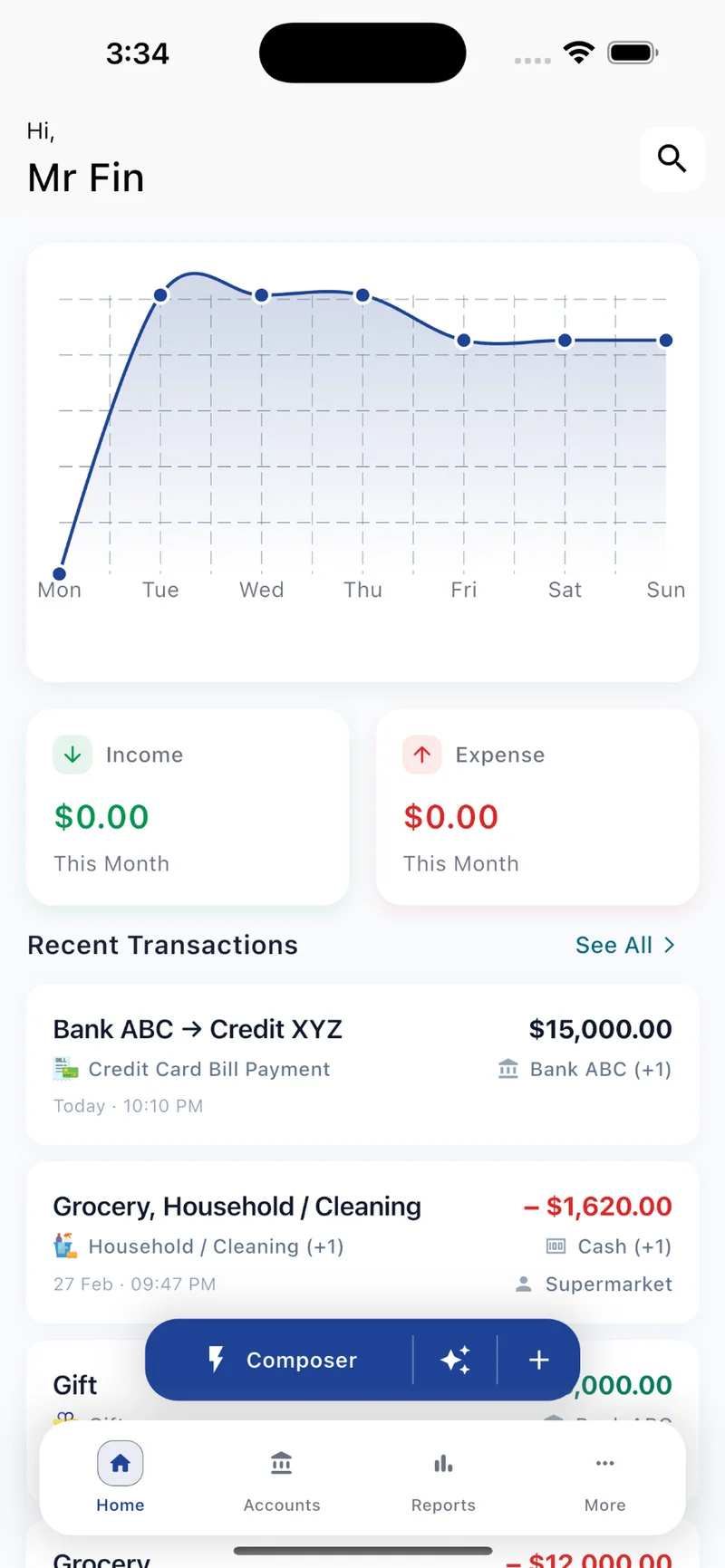 Mr.Fin Dashboard Screenshot showing intelligent personal finance management interface with natural language input, transaction tracking, and AI-powered insights