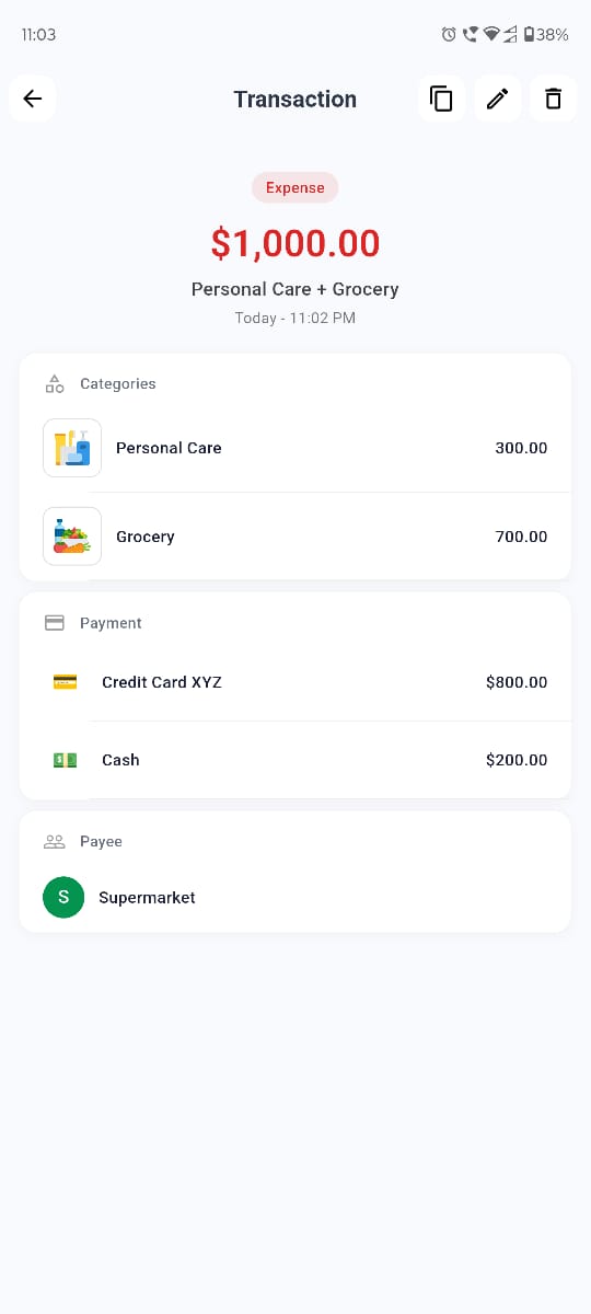 Advanced Transaction example showing $1,000 expense split between Personal Care ($300) and Grocery ($700), paid with Credit Card XYZ ($800) and Cash ($200) at Supermarket